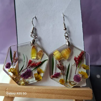 Herbier Précieux – Boucles d’oreilles hexagone fleurs naturelles